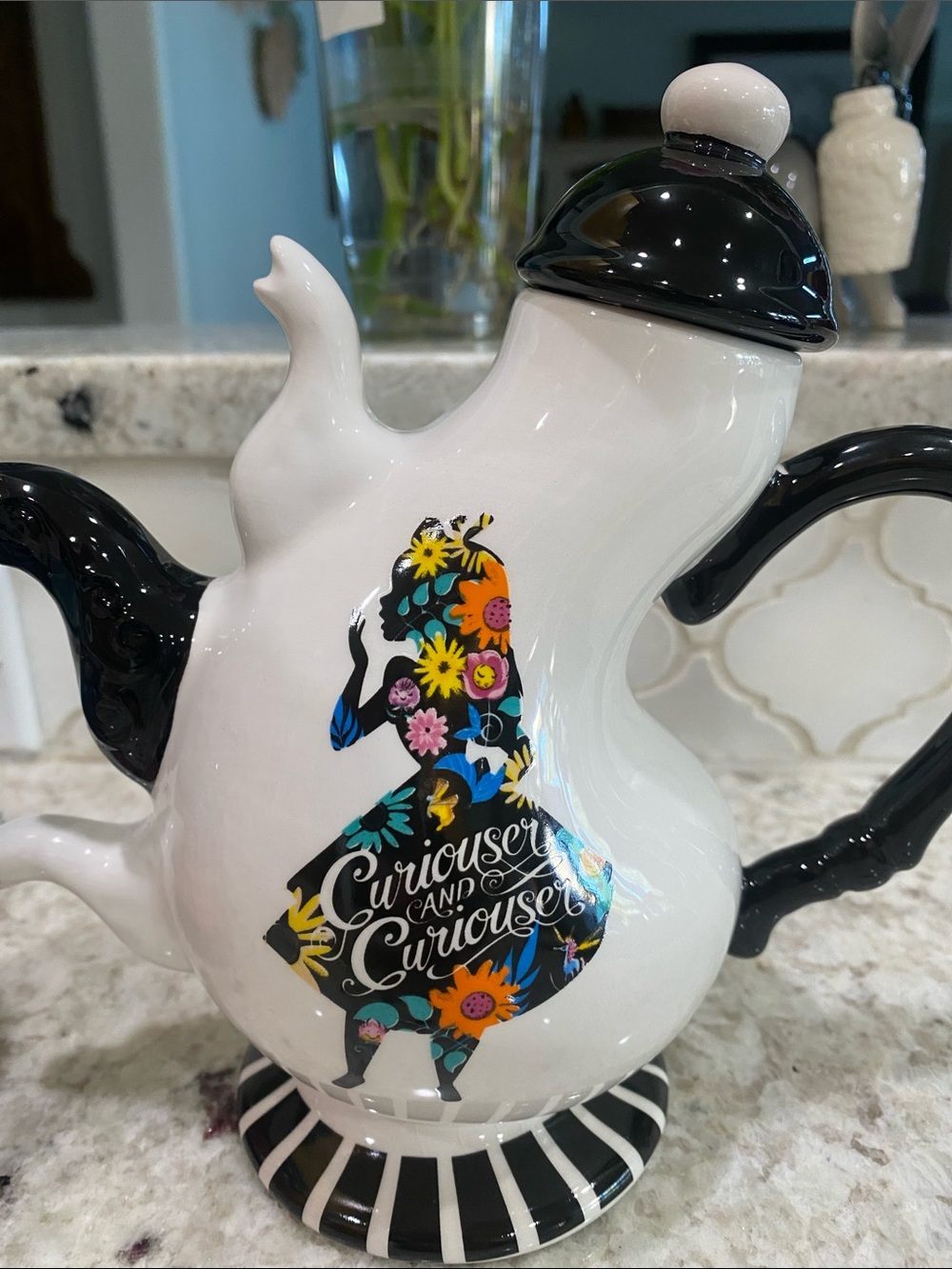Disney White and Black Floral Alice Teapot - "Curiouser and Curiouser"